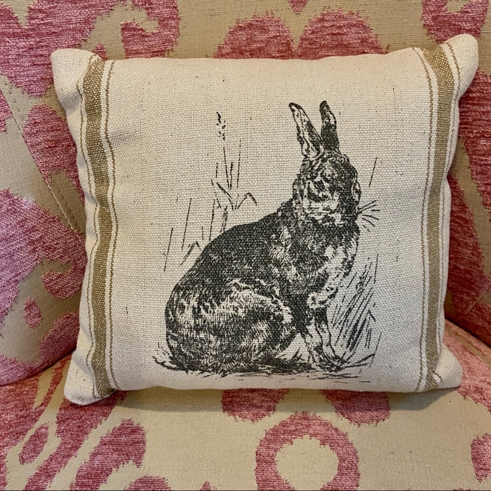 Organic Burlap Rabbit Accent Throw Pillow w strips